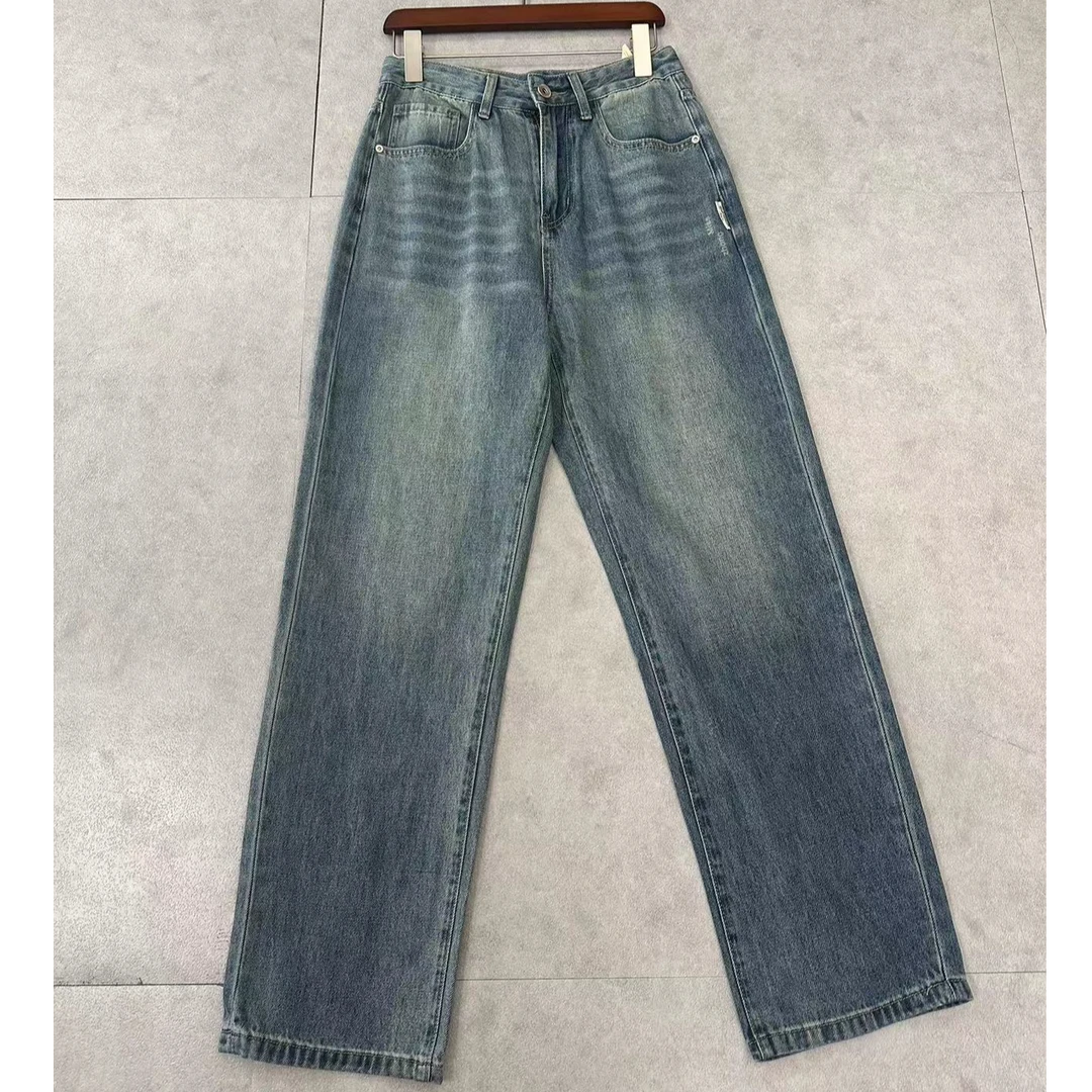 2024新款美式复古窄版阔腿牛仔裤做旧蓝男士宽松休闲显瘦直筒裤