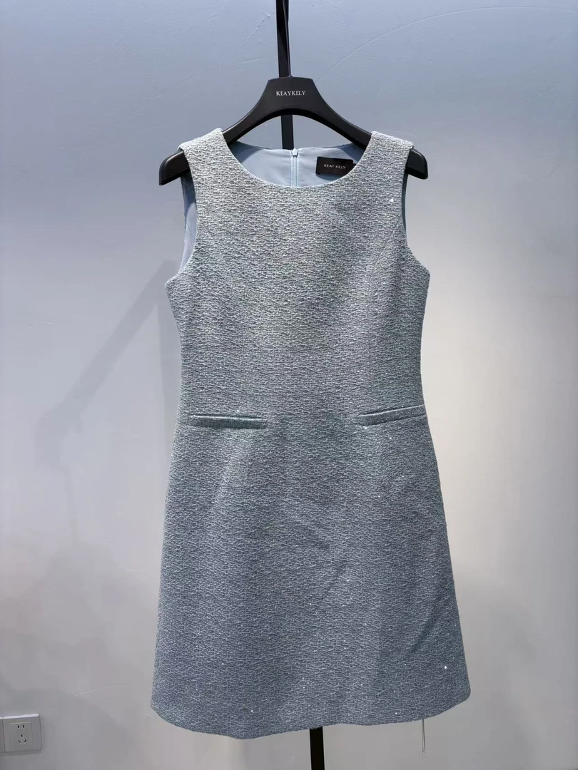 KeayKely早秋新款（冷清秋）蓝色无袖圆领显白显瘦连衣裙10-25度C44