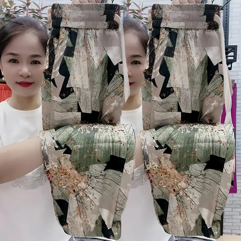 夏天新款印花冰丝裤遮肉显瘦百搭休闲裤女宽松抖抖裤时尚洋气简约