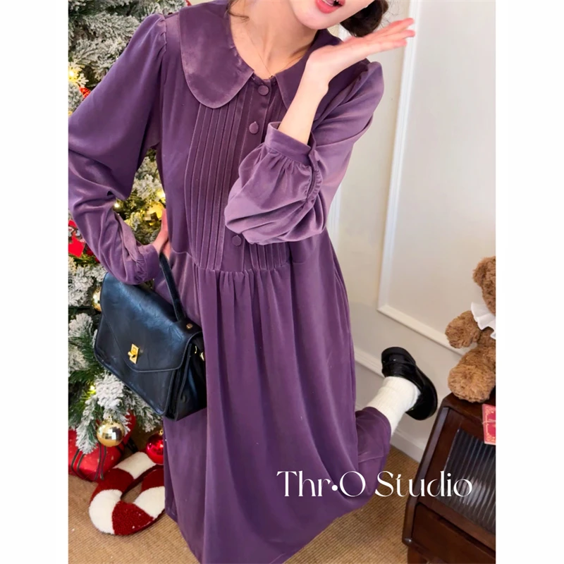 【紫水晶】12/3法式气质减龄娃娃领褶皱灯笼袖丝绒收腰长款连衣裙