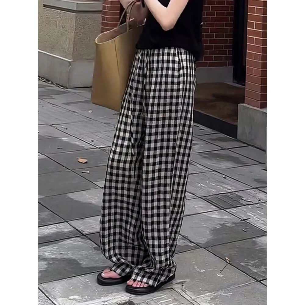2024黑白格子裤子女早春宽松直筒显瘦休闲新款高腰垂感阔腿裤