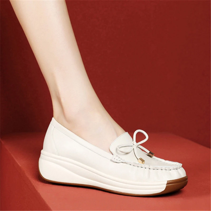 真皮圆头百搭浅口时尚女鞋2023夏季新款舒适厚底拼色气质摇摇底鞋