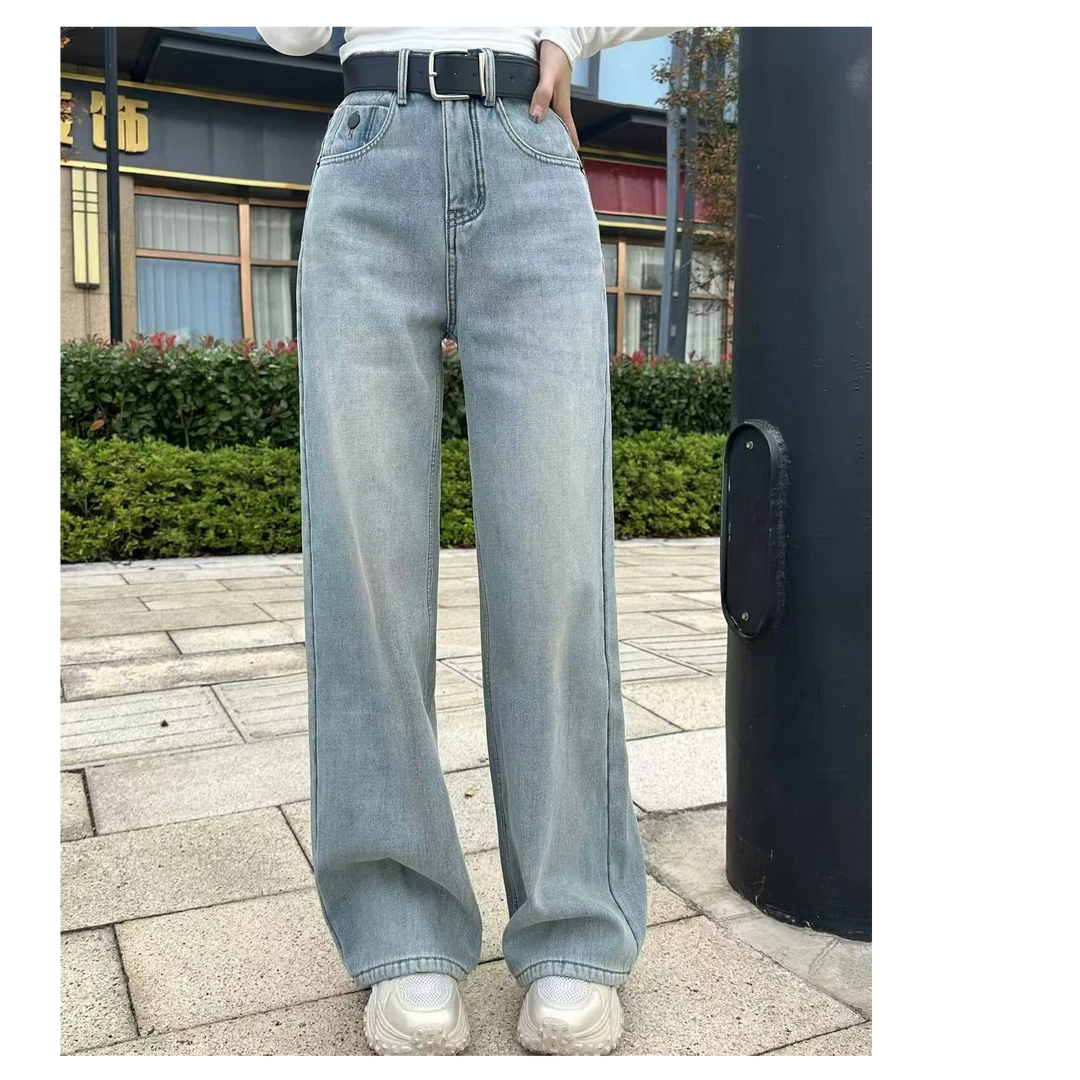 真真：冬款加绒简约腰头一颗扣 窄版 牛仔阔腿裤