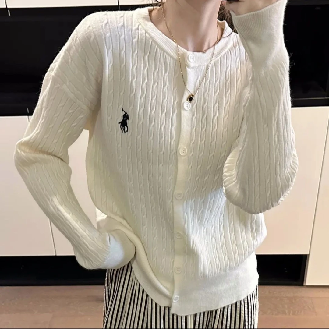 软糯舒服麻花刺绣小马竖坑条毛衣针织开衫秋冬新款外套百搭上衣