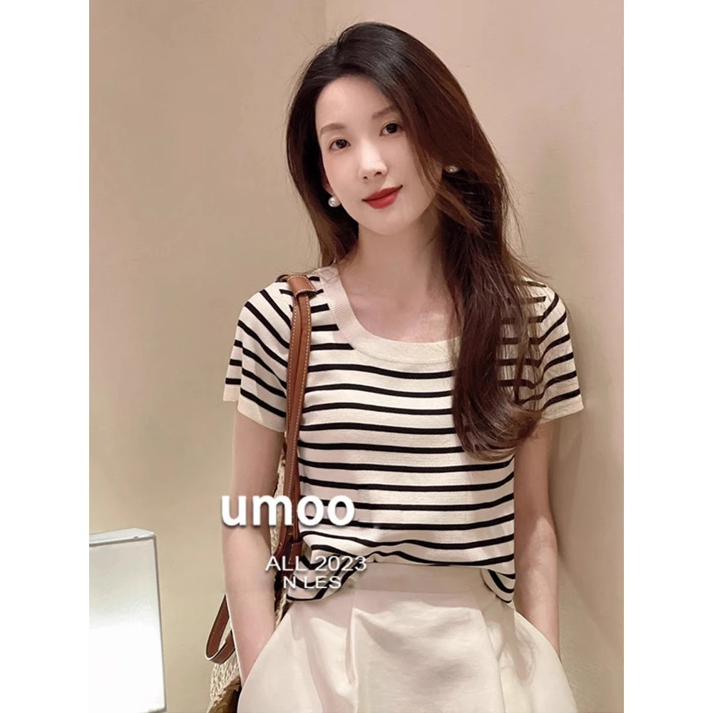 条纹t恤短袖女春季内搭打底衫2024新款方领针织薄款短款外穿上衣