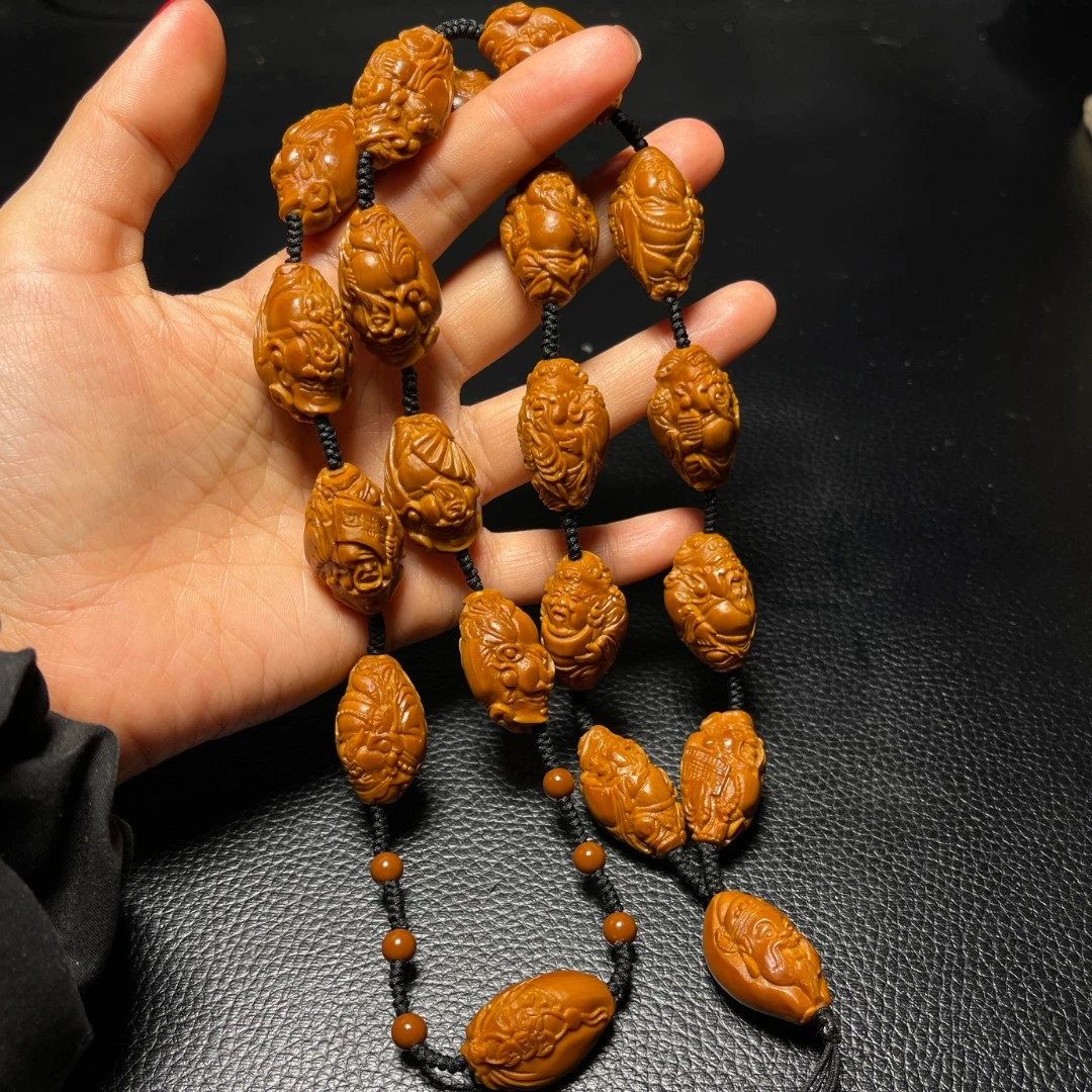 十八财神脖挂项链长串橄榄核雕刻文玩工艺品