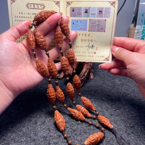 铁核柳叶观音橄榄核雕刻文玩手串佛珠念珠长串工艺品