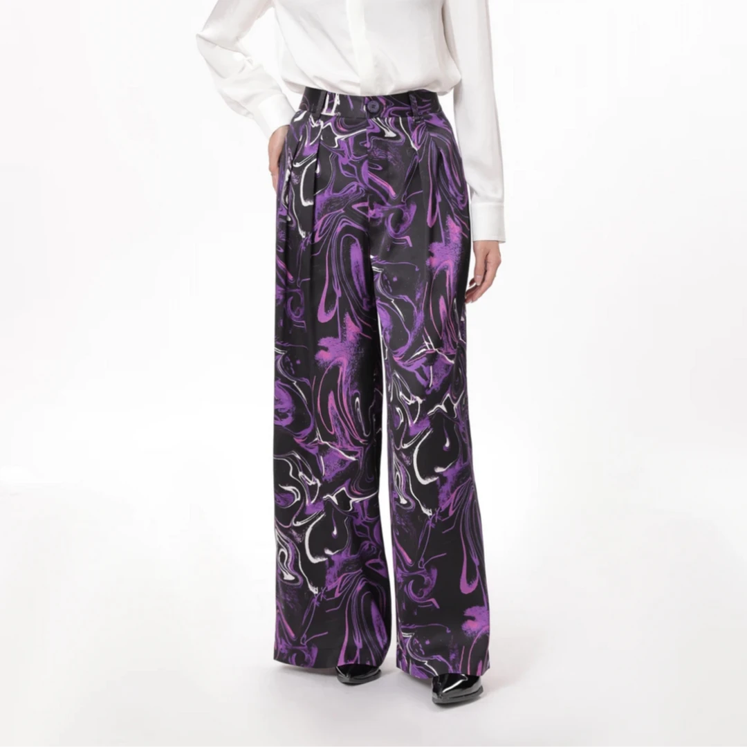 AMASS/阿玛施新款慵懒率性度假风印花宽腿直筒垂感长裤5100561