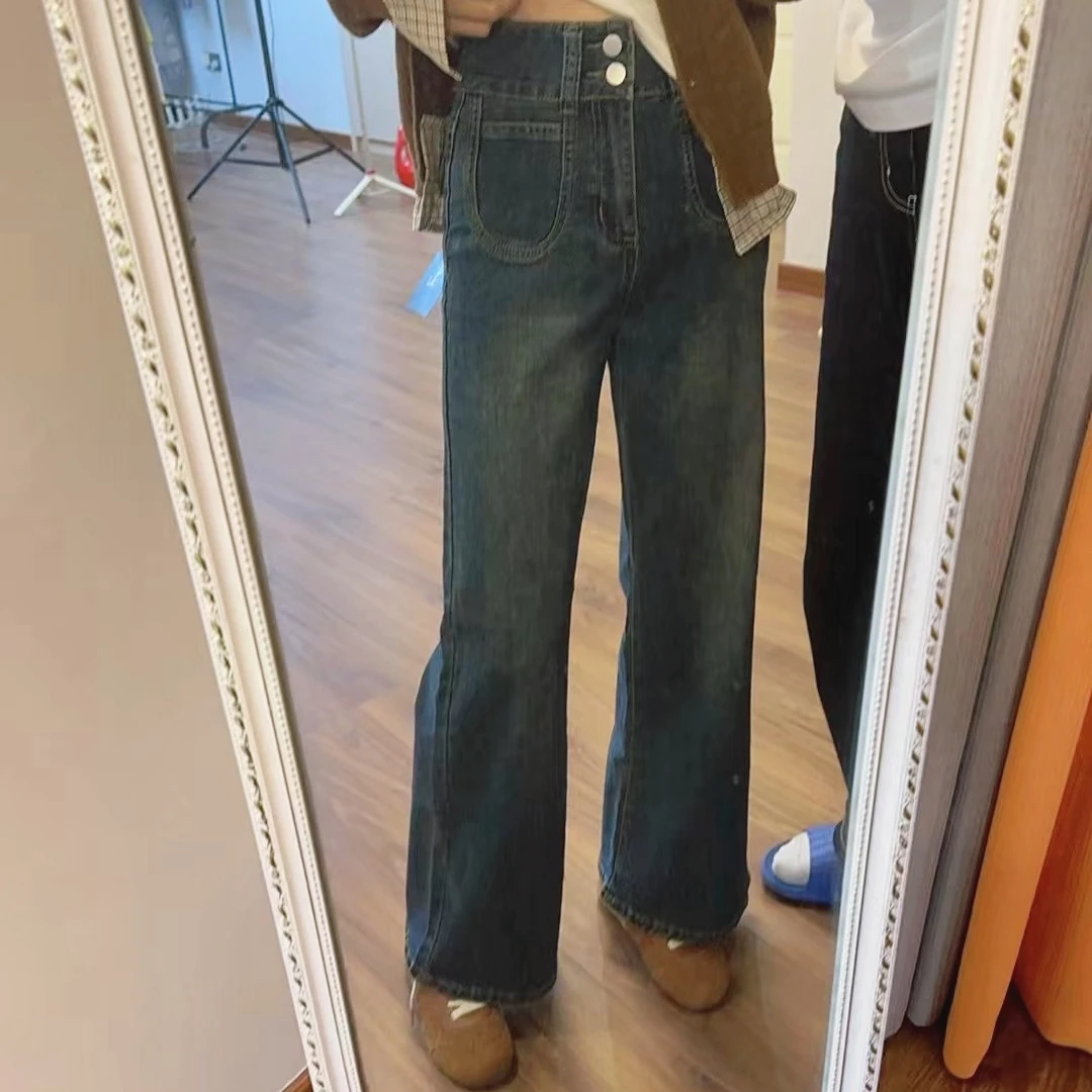 运费补贴笔直腿精微喇裤高腰直筒牛仔裤子女2024秋宽松九分长裤女