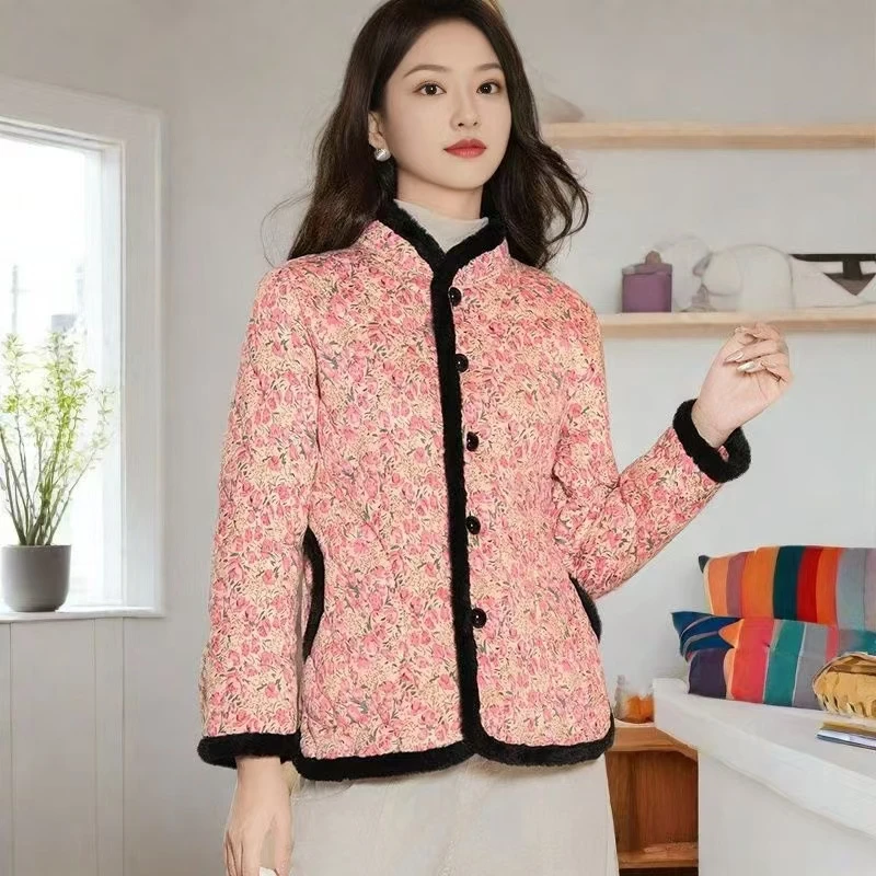 冬季新款花棉袄加厚棉衣百搭宽松遮肚显瘦印花中年妈妈装