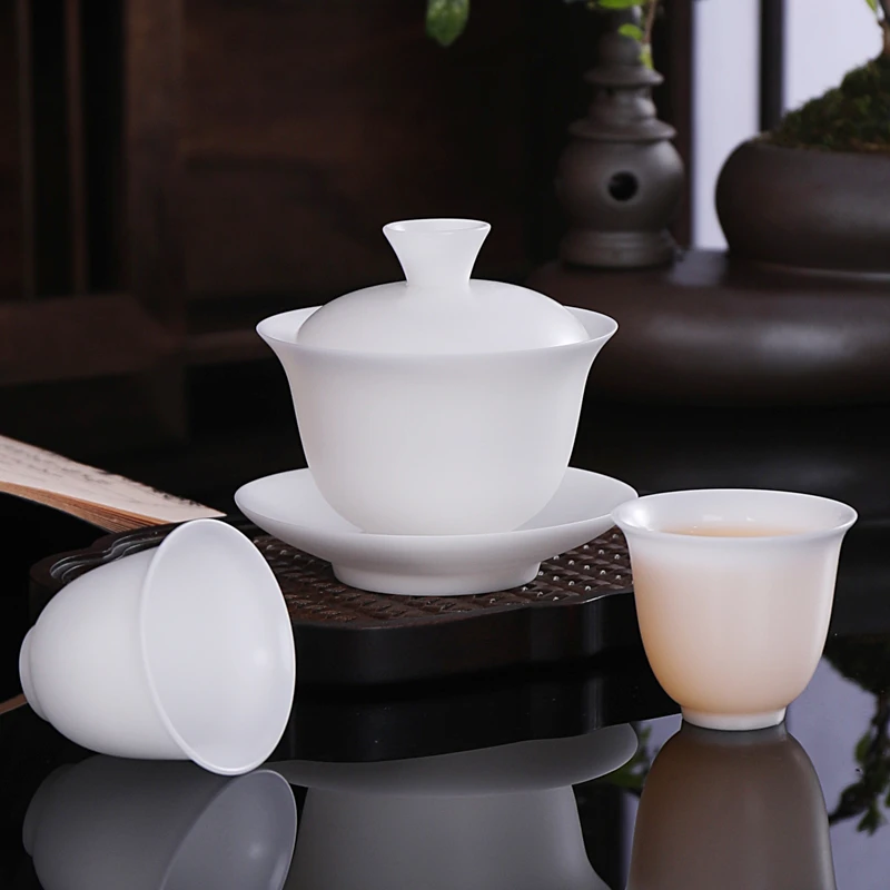 德化冰种玉瓷高档白瓷三才茶盖碗茶具轻奢简约纯白中式陶瓷