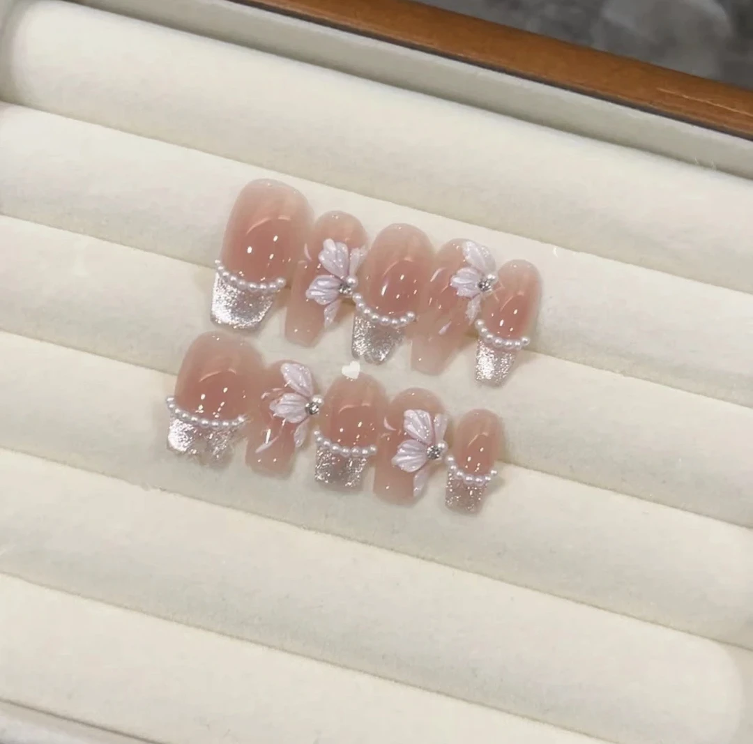 【雨落花庭】新款纯手工穿戴甲高级轻奢穿戴式美甲长款显白百搭美甲