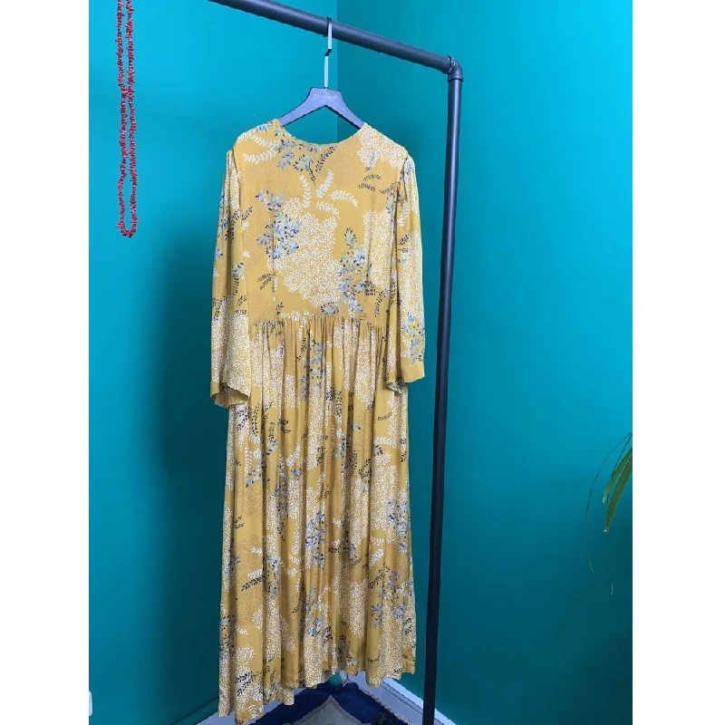 原创设计师印花套头圆领轻奢气质七分袖夏季长款蕾丝连衣裙长裙