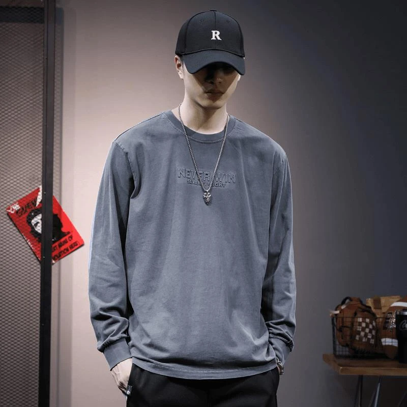 纯棉t恤男长袖宽松潮流打底衫2023年秋季新款体恤烟灰色男装衣服