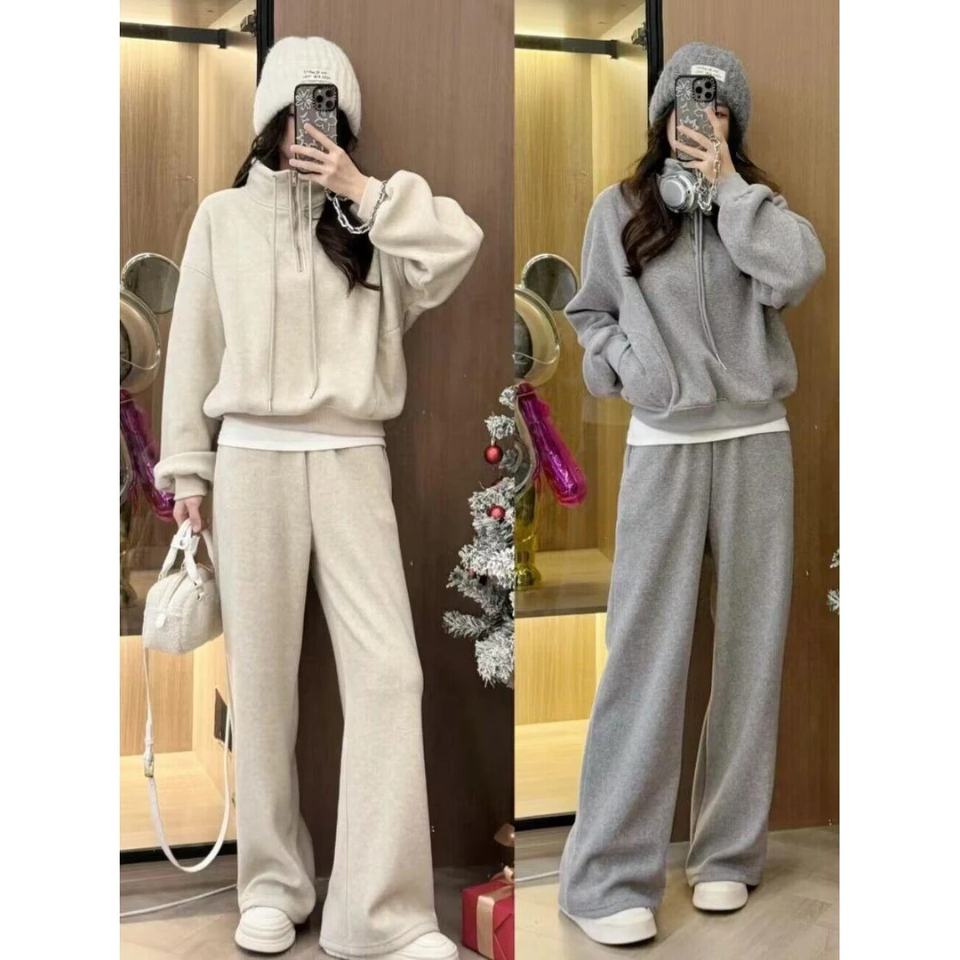 卫衣套装女秋冬2023新款欧货高级感洋气休闲阔腿裤加绒运动两件套