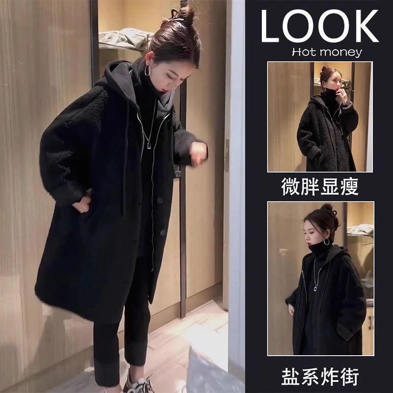2023冬季独特别致超好看上衣高级感中长款黑色连帽外套女装
