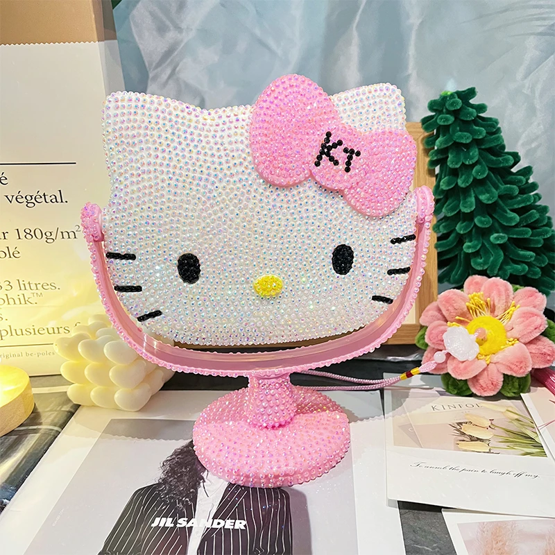 hellokitty猫咪贴钻镜子公主旋转台式镜KT化妆镜diy手工生日礼物