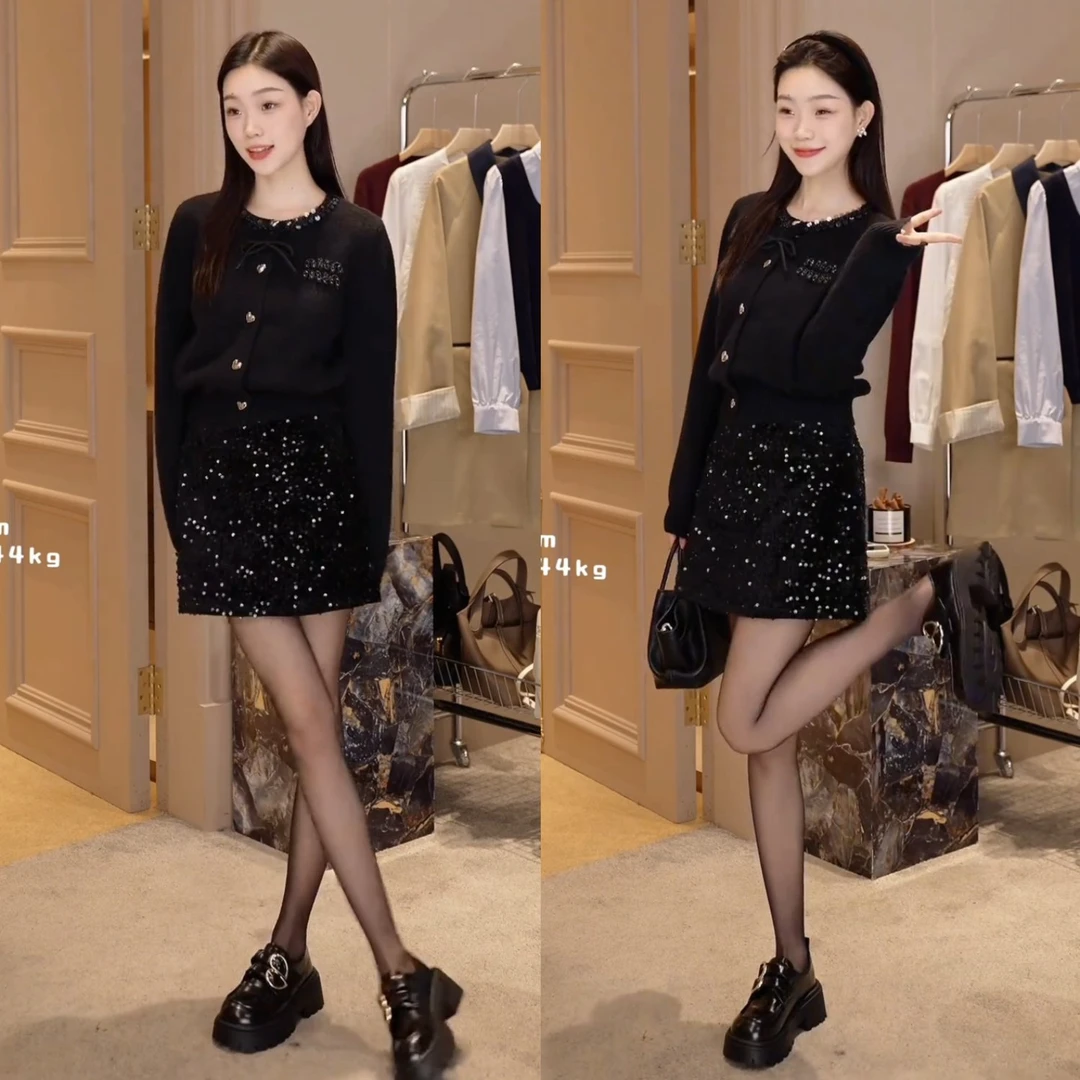 秋季新款时尚洋气网红重工定钻针织衫+亮片半身裙两件套时髦套装