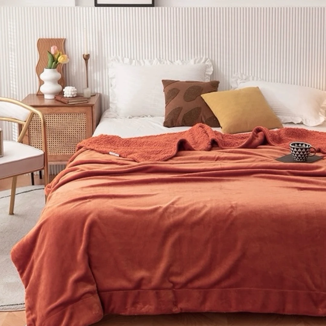 （约170x220）砖红色外贸羊羔毛双层复合毯 发一个