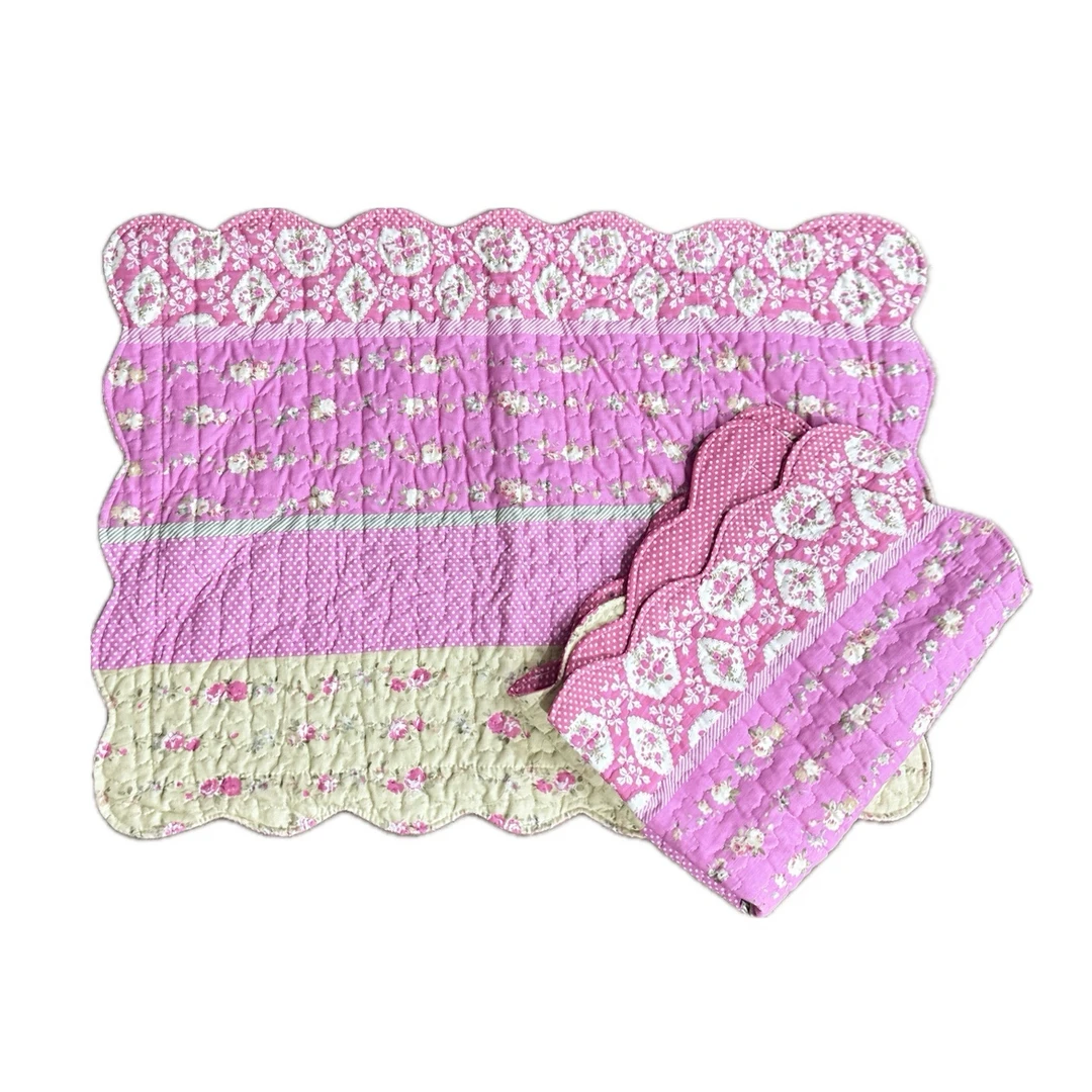 枕套：横条粉花绗缝棉质枕套（约50x70）发一对