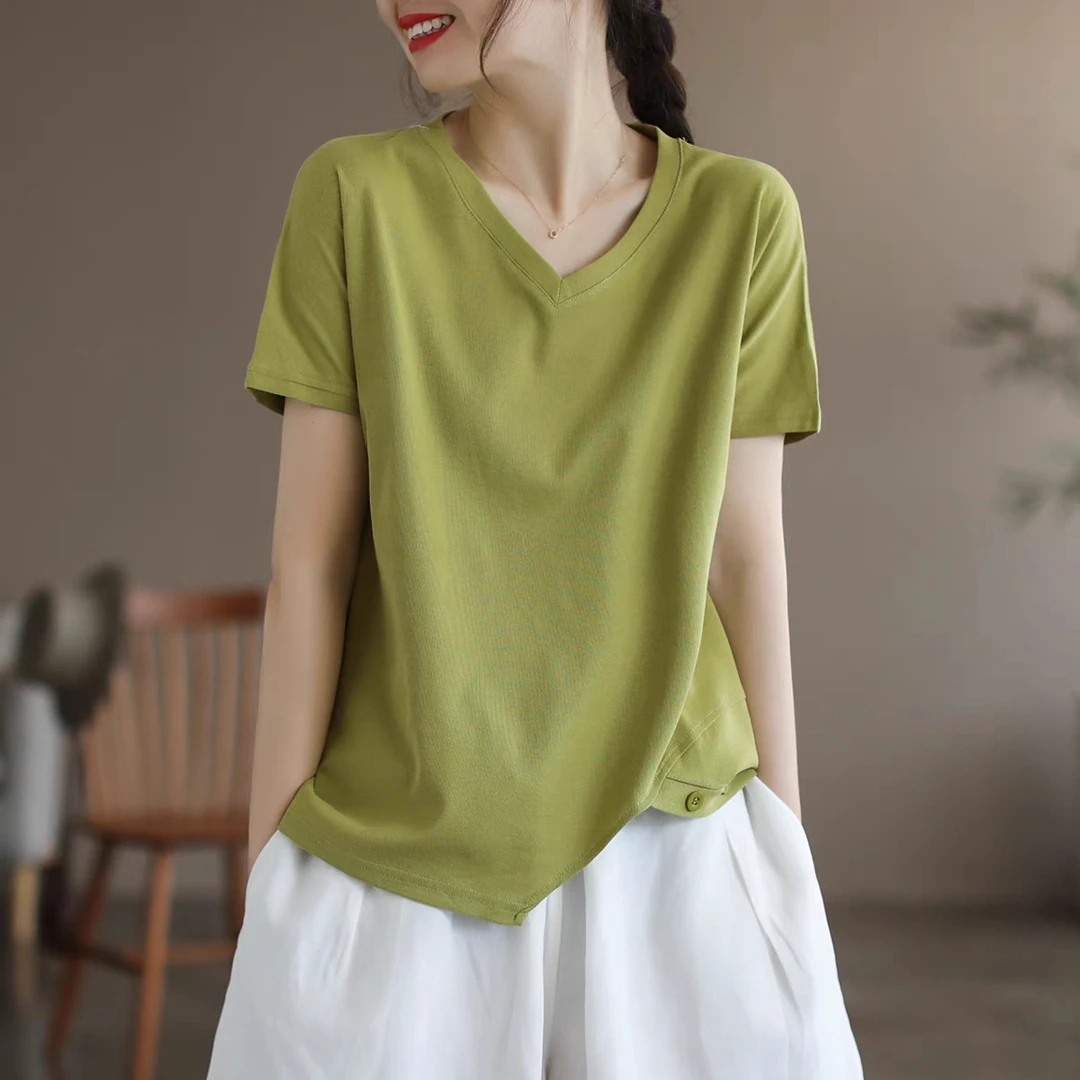 纽扣短袖T恤女2025夏新款文艺复古V领大码宽松显瘦薄款上衣体恤衫