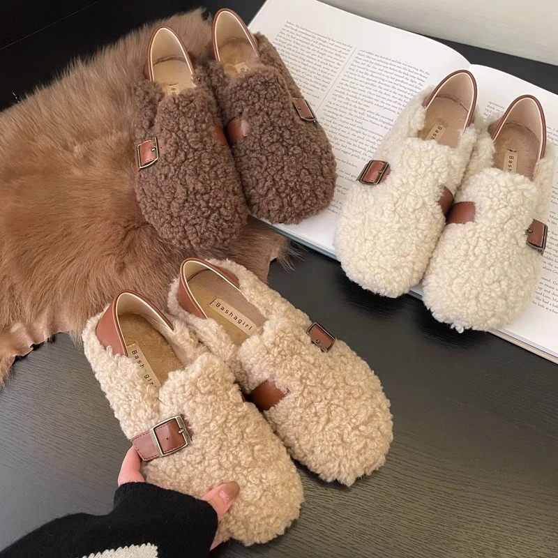 YISEWEI/毛毛鞋两穿冬季新款外穿加绒保暖博肯一脚蹬毛毛鞋软底