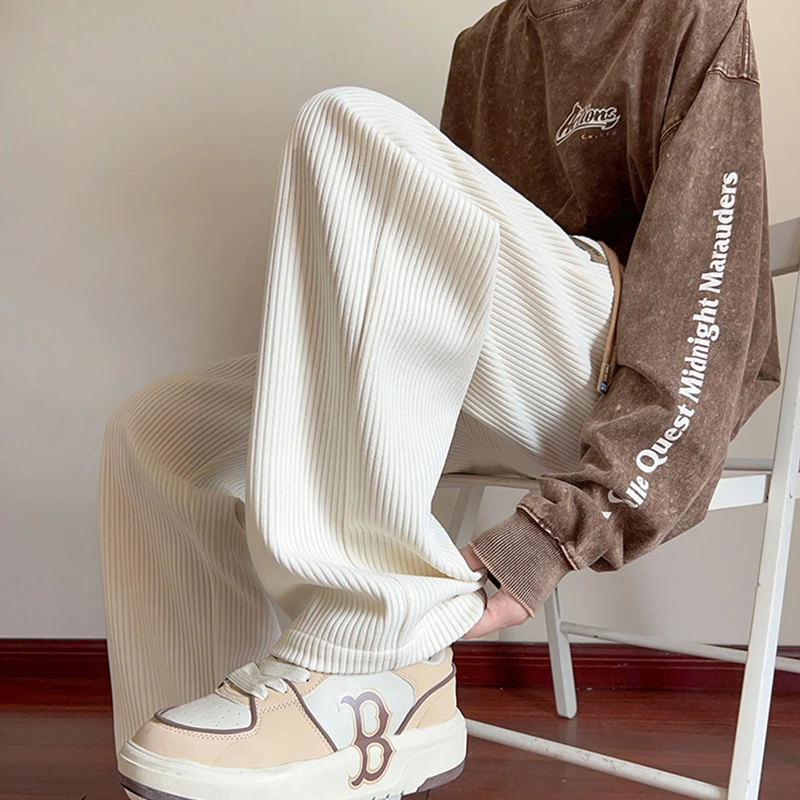 米白色灯芯绒裤子男设计感小众雪尼尔阔腿裤美式复古hiphop卫裤潮