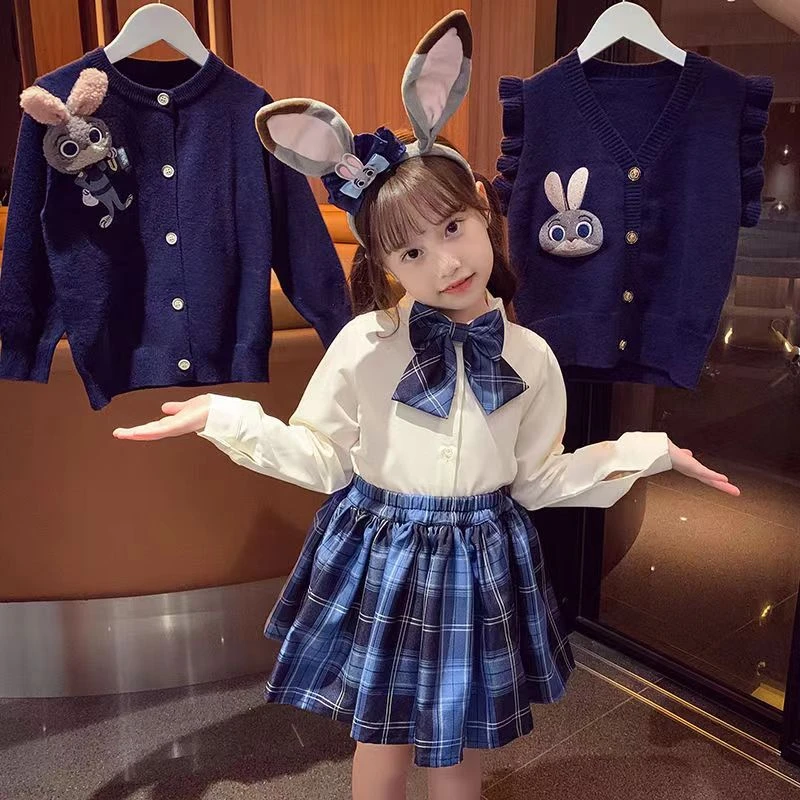 女童春秋新款儿童JK学院风制服套装白衬衣短裙开衫中大童百褶套装
