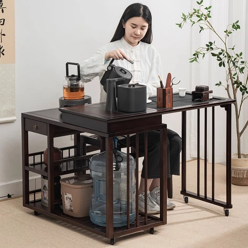 可旋转移动茶桌家用阳台伸缩带滑轮楠竹茶车小型泡茶台多功能茶几