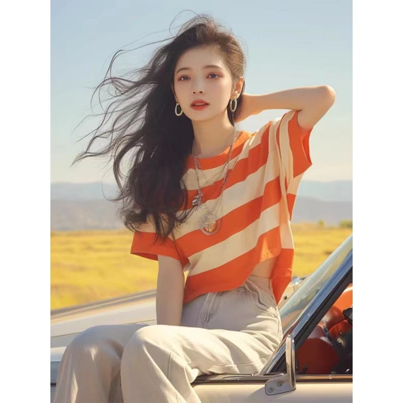夏季韩系chic洋气独特别致漂亮上衣宽松百搭显瘦橙白色条纹T恤女