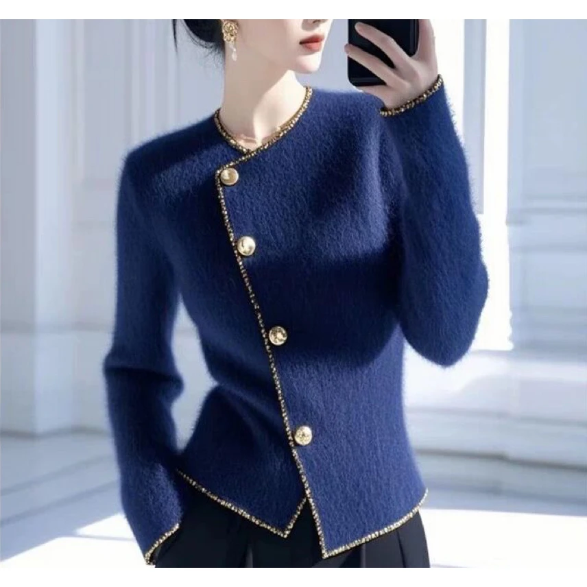 韩版圆领简约开衫外套女秋冬新款气质减龄女士上衣