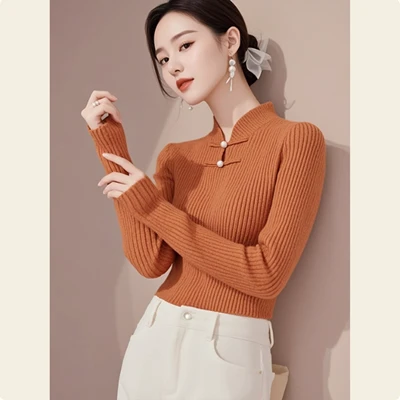 冬季洋气小衫小众独特别致绝美高级感新中式国风盘扣橙色针织衫女