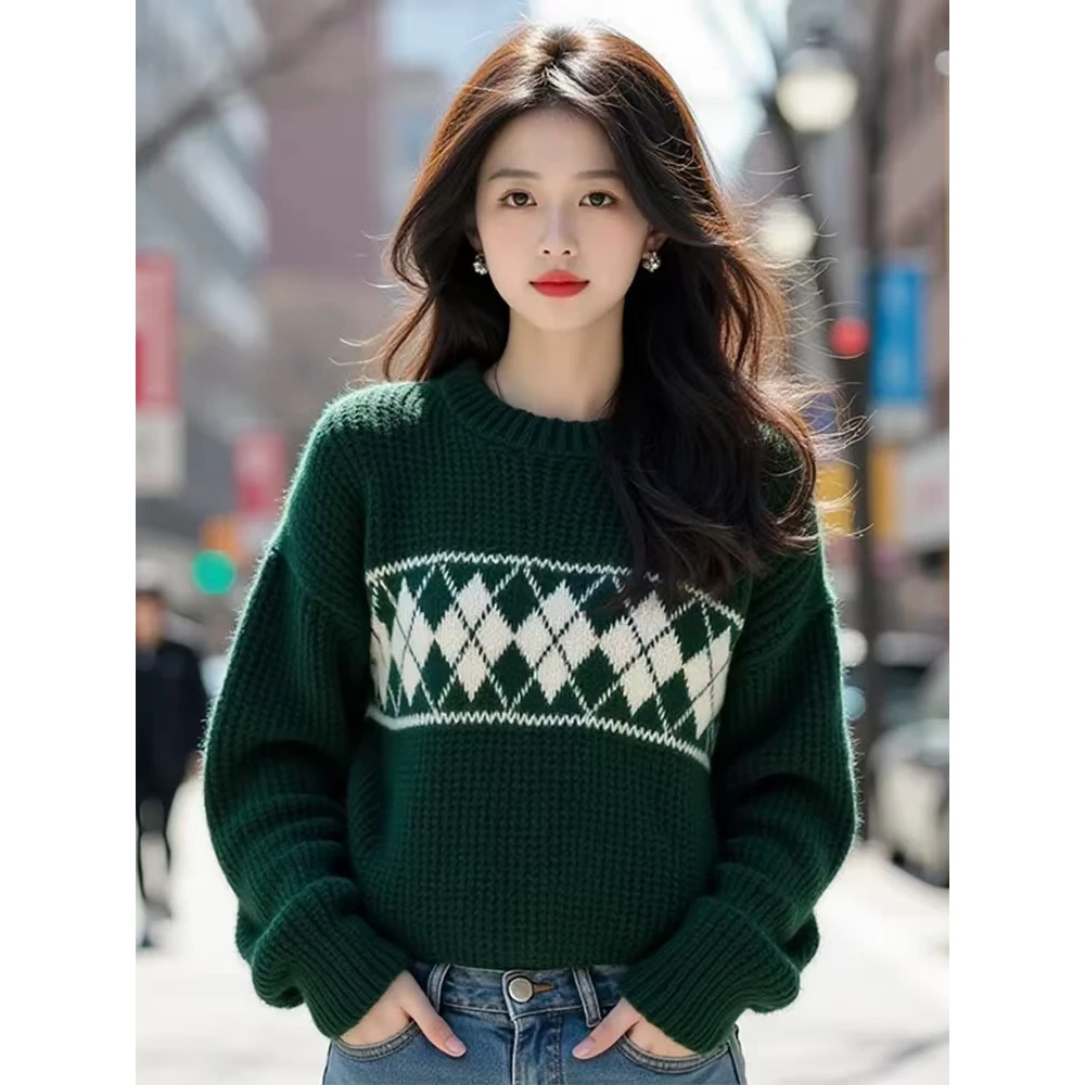 墨绿色菱格粗线女款2024新款冬季复古高级感超好看的针织上衣