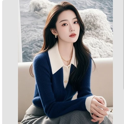 蓝色假两件女款2024冬季高级设计感超好看加厚内搭针织衫上衣