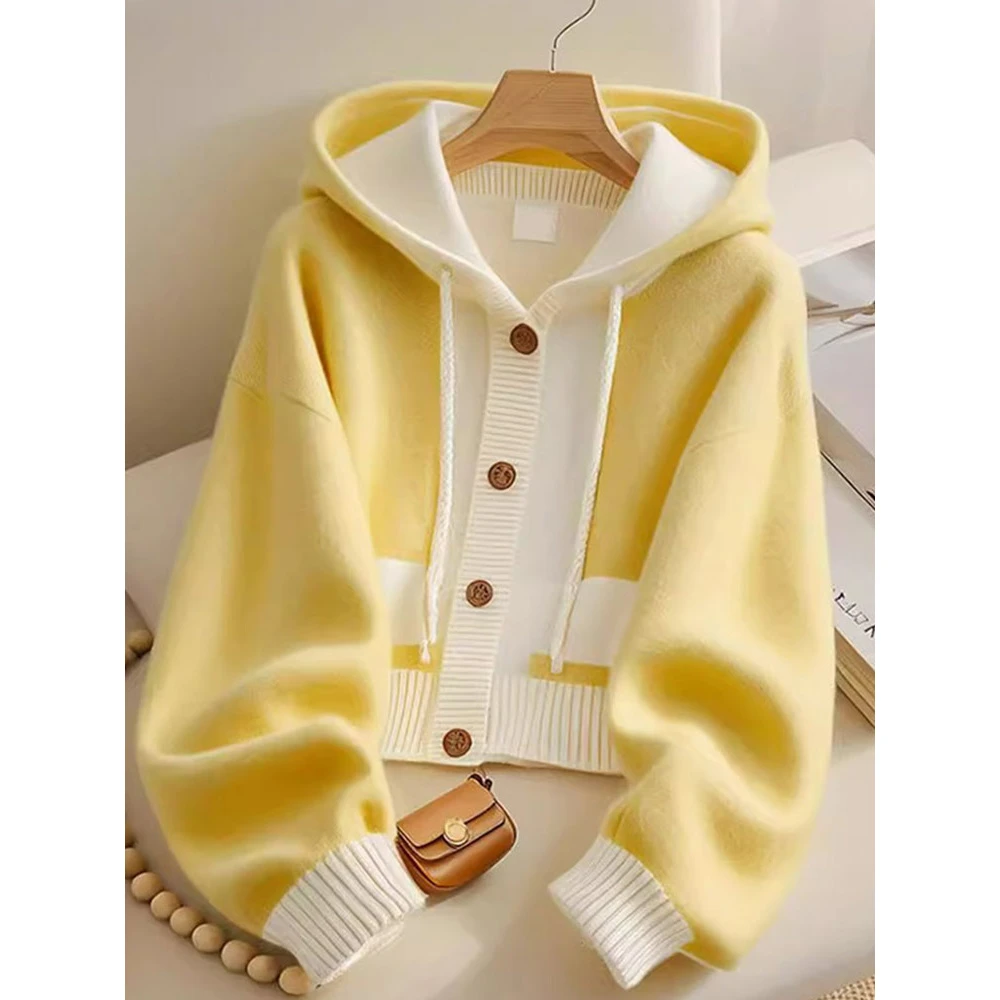 复古风拼接连帽设计感外套针织开衫显瘦长袖宽松休闲上衣舒适