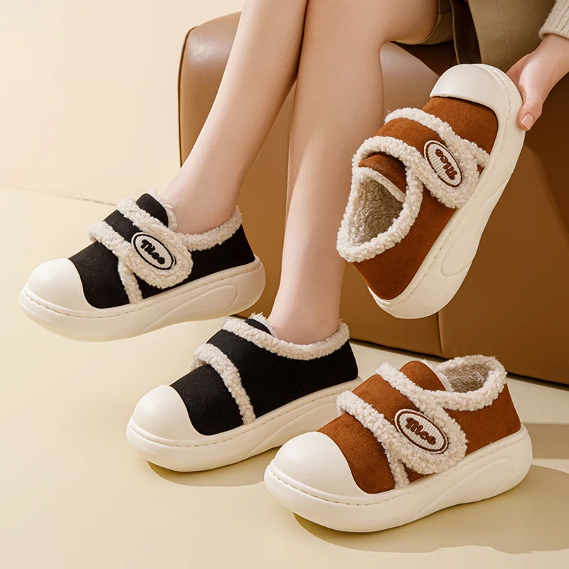 冬季棉拖鞋女加厚鞋底防滑外穿保暖博肯复古魔术贴休闲包跟毛毛拖
