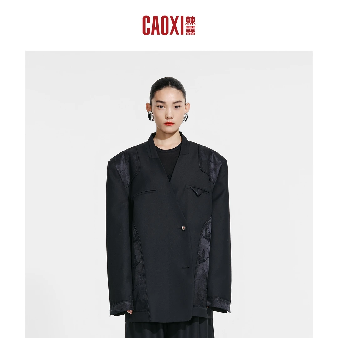 CAOXI㯥囍 2024早秋新款国风休闲西装黑色绵羊毛西服外套女