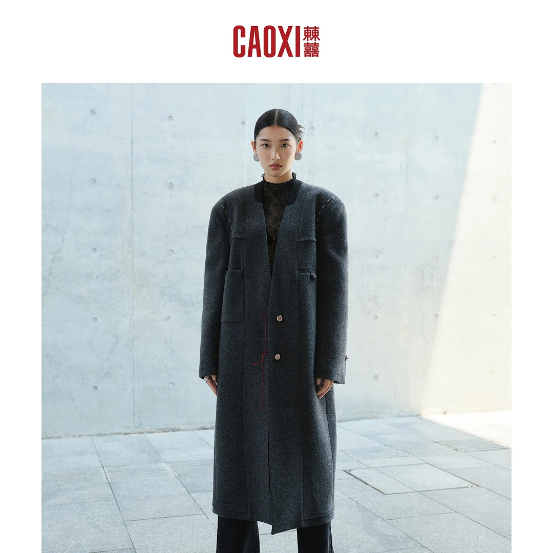 CAOXI㯥囍 2024冬季新款国风休闲廓形无领100绵羊毛呢长款大衣女