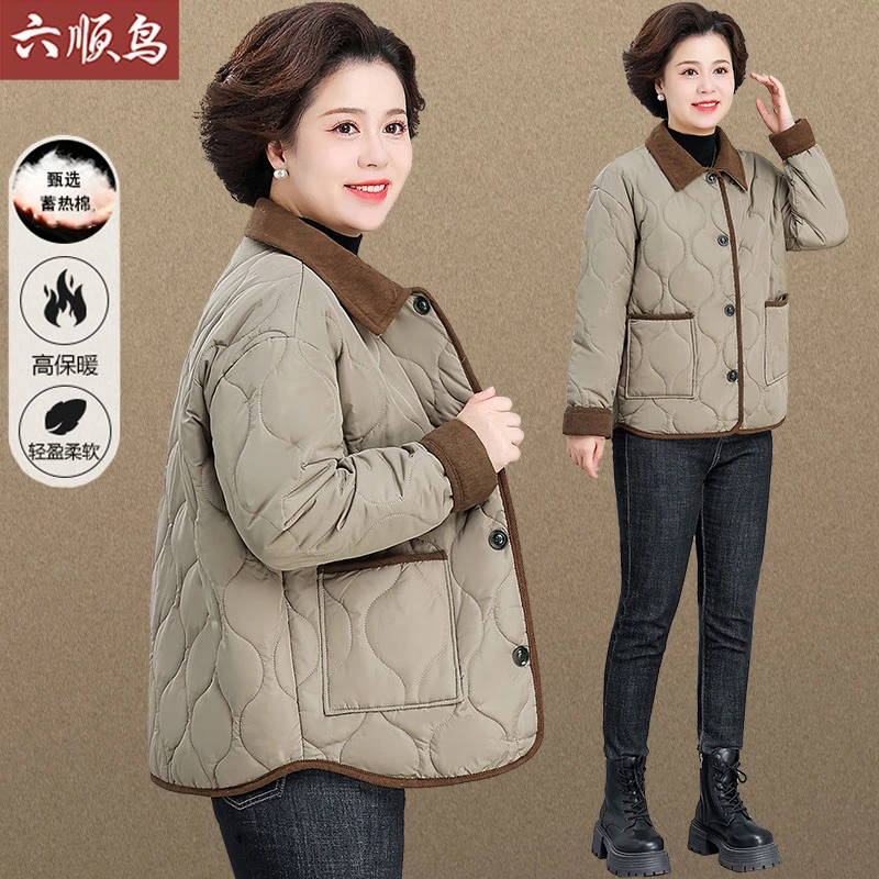 新中式妈妈秋冬外套时尚连帽轻薄棉衣中老年人秋冬季棉服大码女装