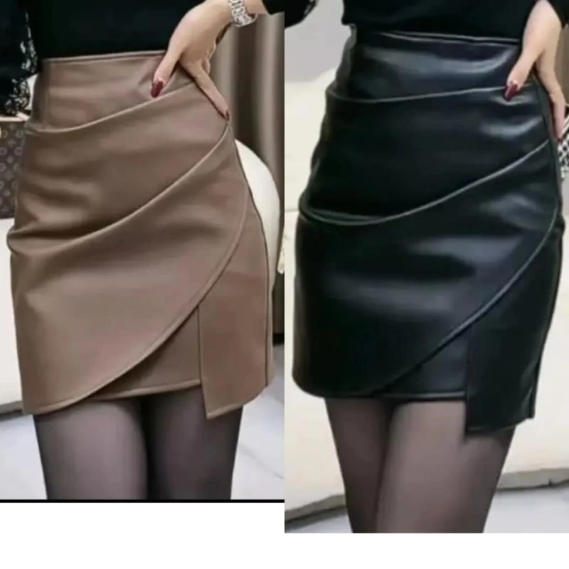 魅鑫儿时尚褶皱小皮裙女高腰显瘦百搭不规则气质A字半身短裙