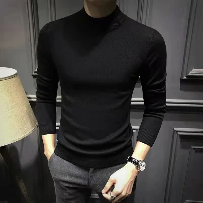 男士毛衣半高领春秋内搭长袖针织衫男修身中领纯色线衣打底衫潮男