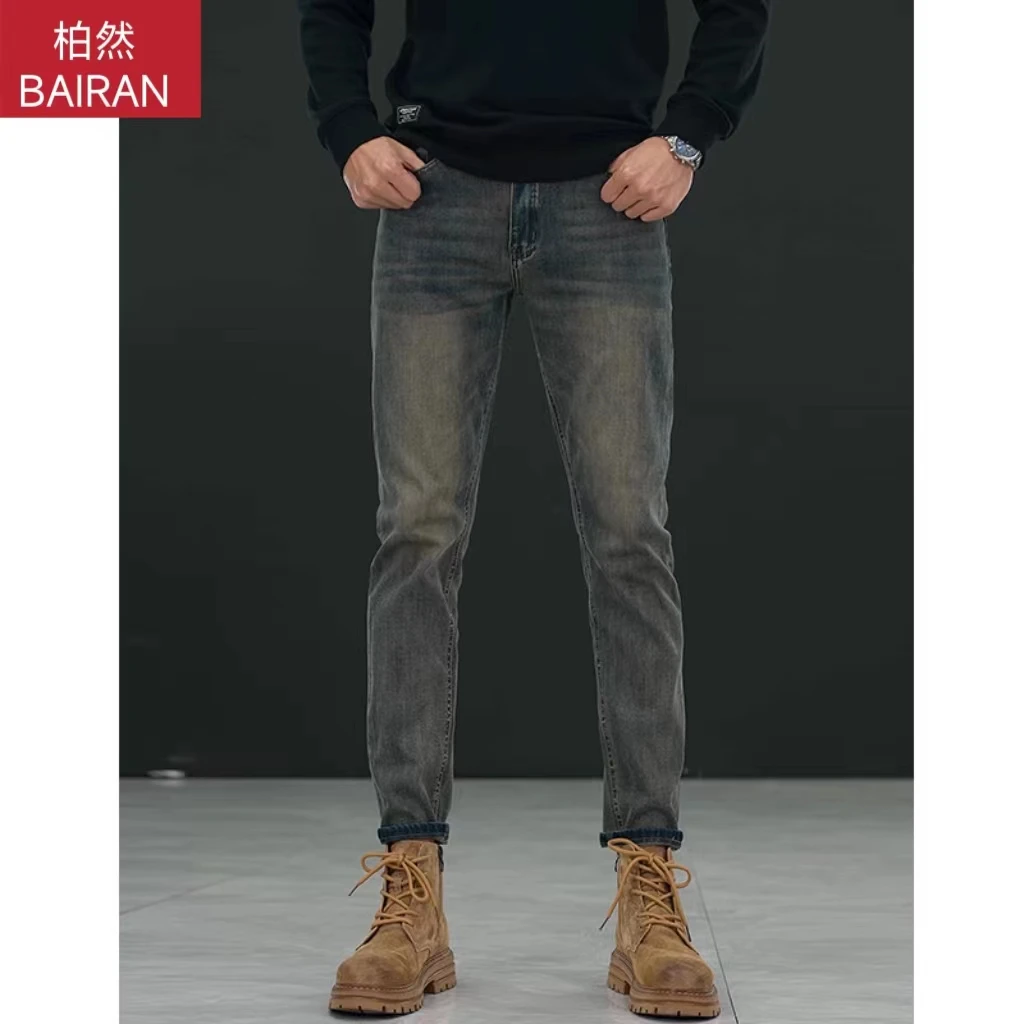2024春夏季新款水泥灰牛仔裤修身小脚百搭显瘦弹力高档男士小直筒