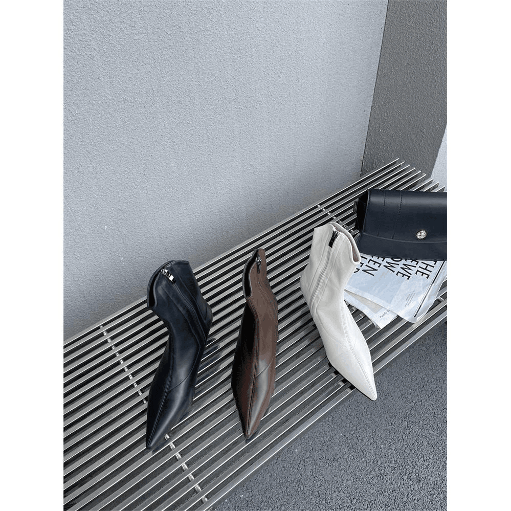 瘦瘦靴软皮尖头短靴女侧拉链时尚百搭2023年新款简约时装靴细低跟