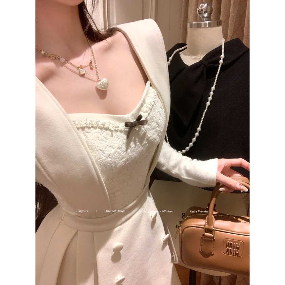 Catyears猫年【甜巧可丽饼】鱼骨蕾丝上衣带胸垫加绒纯欲打底针织衫