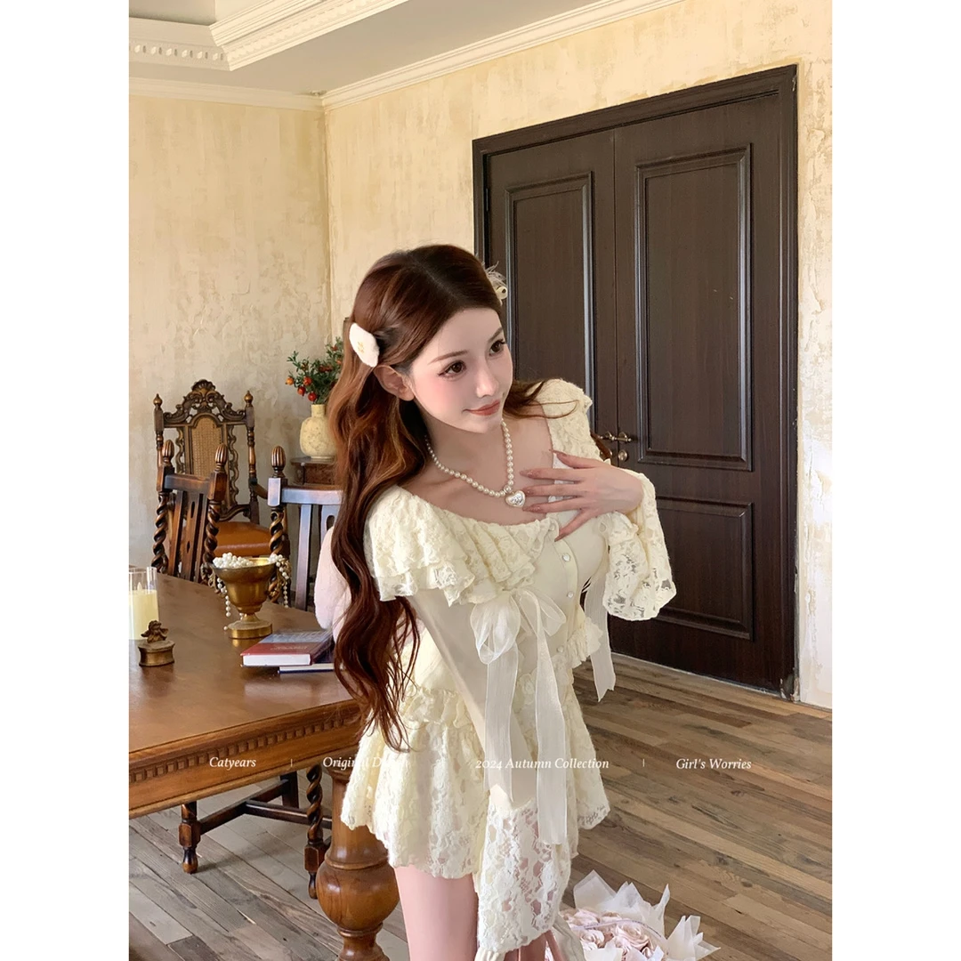 Catyears猫年【甜巧慕斯】长袖纯欲上衣羽毛纱蕾丝短裙早秋针织套装