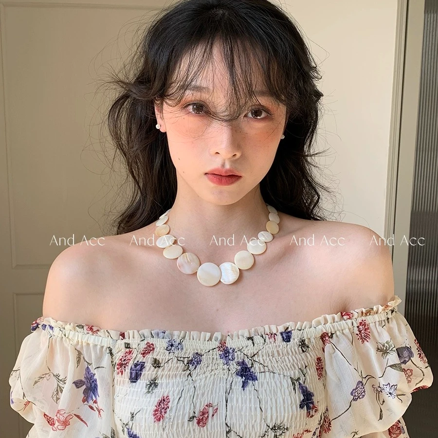 合金贝壳项链 贝壳珠珠项链轻奢复古夸张圆片锁骨链高级感颈链C33