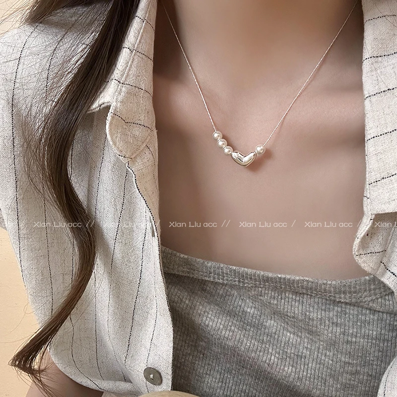 合金仿项链 银色爱心珠珠项链女高级感轻奢小众设计锁骨链C51