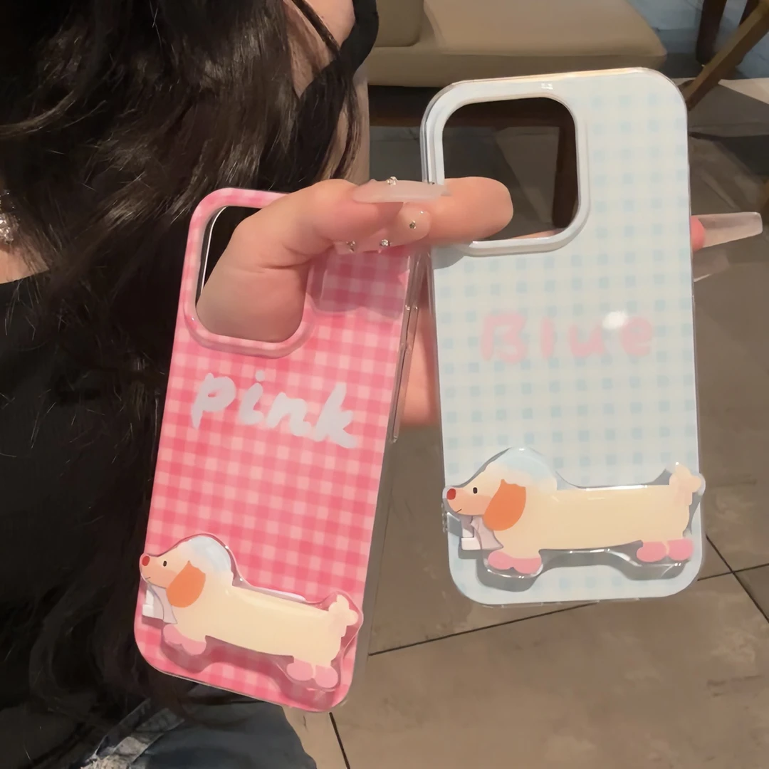 雅天立ins日韩格子小狗适用iPhone13苹果15支架14手机壳华为小米