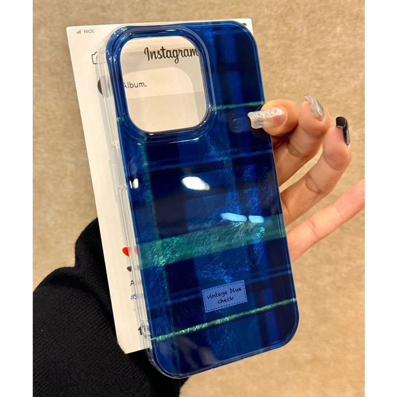 雅天立克莱因蓝格纹适用iPhone苹果1615手机壳13华为vivo小米oppo