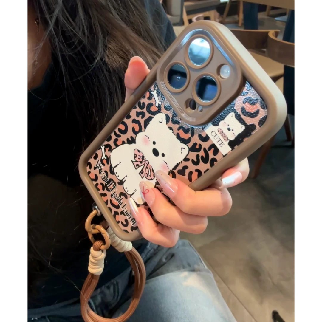 雅天立豹纹小狗适用iPhone13promax苹果15手机壳14复古11手绳12软